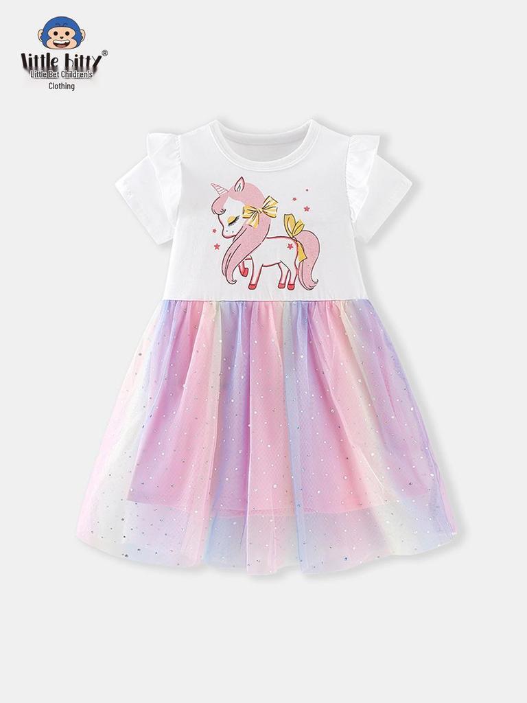 Rainbow Unicorn Print Kids' Mesh Dress - Short Sleeve, Spring/Summer