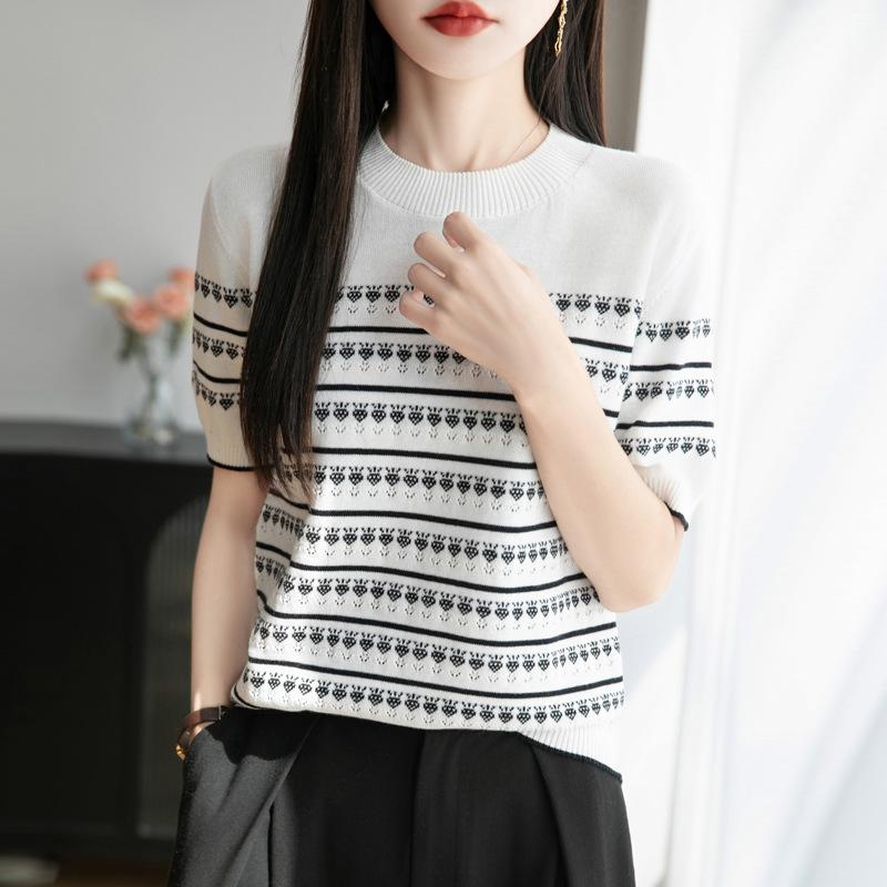 

Женская летняя футболка с коротким рукавом, вязаная ажурным узором «ромб-цветок», из чистого хлопка, с круглым вырезом, модная и универсальная M бежевый