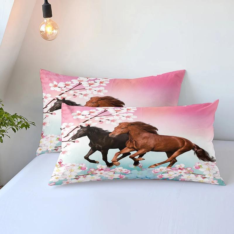 Kirschblüten Pferd Bettdeckenbezug Bettwäschesets für King 3D-Druck Graslandtiere Bettbezug-Set Hohe Qualität Mikrofaser