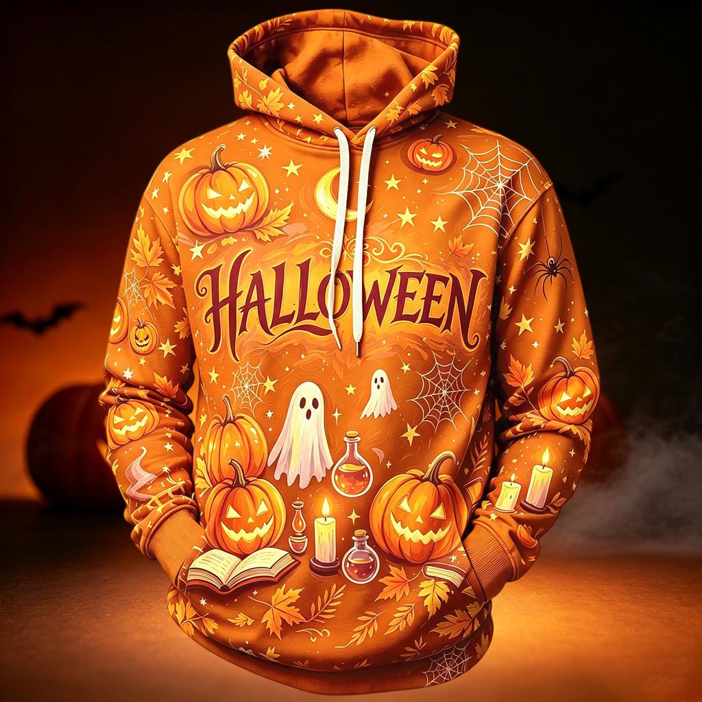 Men's Casual Hooded Long Sleeve Top with Halloween Print for Holiday Events