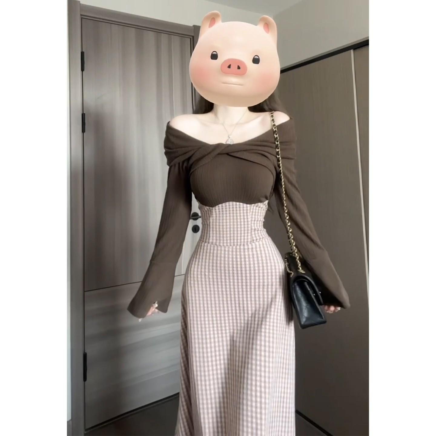 French Elegant Plaid Patchwork One-Shoulder Dress - Winter 2025 Small