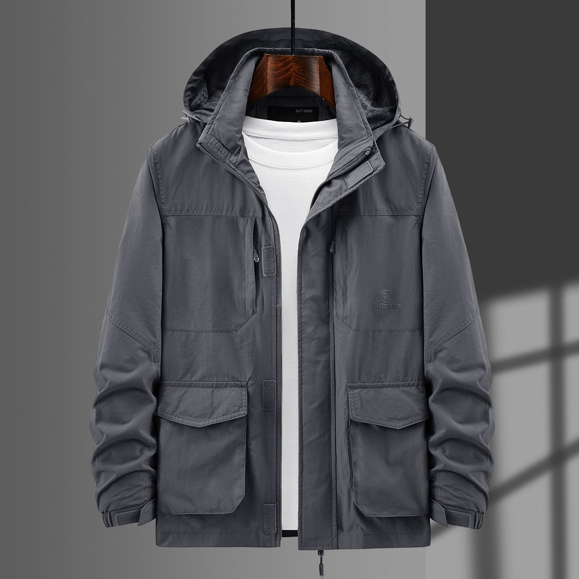 

Весенняя повседневная свободная куртка с капюшоном на молнии для мужчин, однотонный топ с несколькими карманами, куртка на молнии для мужчин 5XL