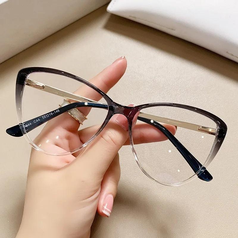 TR90 Gradient Color Glasses for Women High Quality Anti Blue Light Flat Mirror Glasses Luxury Oversized Eyeglasses UV400