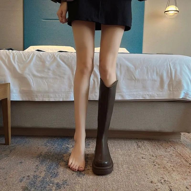 Fashion Leather Platform Round Toe Women's Half High Boots Chic and Elegant Large Size Warm New Rock Ladies Mid Calf Shoes on Promotion