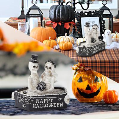 Skeleton Figure Halloween Skeleton Coffin Couple Figurine Resin Sculpture Collectible Gothic Decor Halloween Decorations Prank