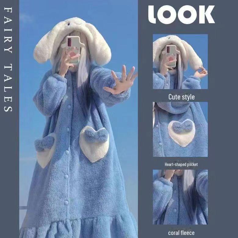 Women's Coral Fleece Hooded Pajama Set - Cute Cartoon Nightgown for Autumn/Winter