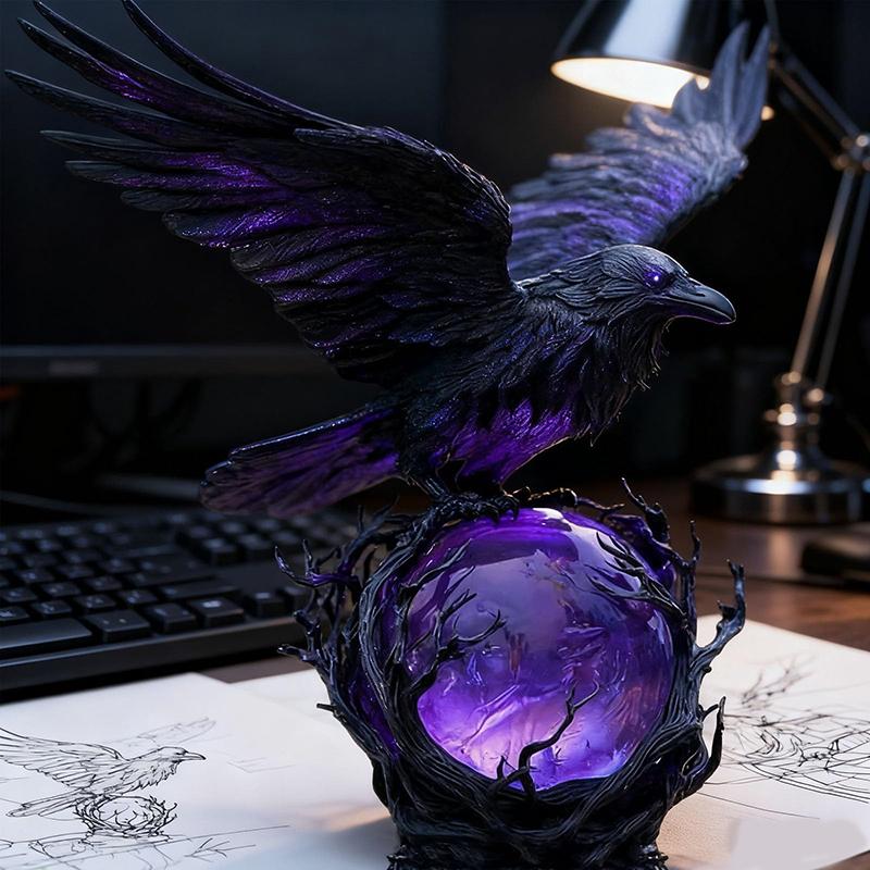 "Raven's Moonlight" Gotische Led Lamp – Mysterieuze Kraai Op Gloeiende Bol Sculptuur, 3D Holle Lantaarn Met Violet Licht