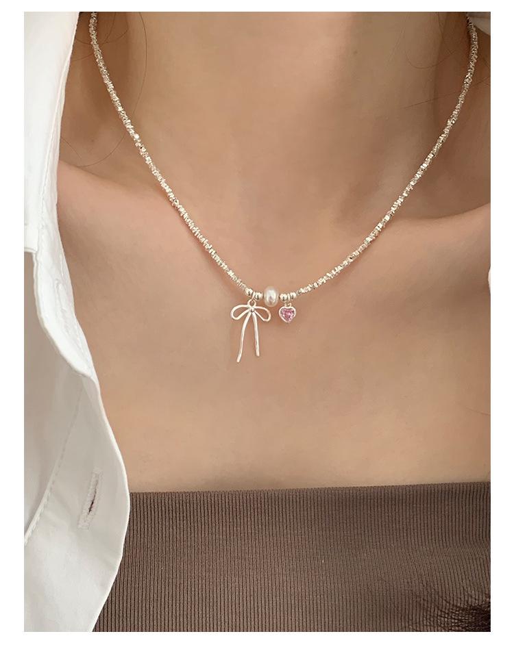 S925 Sterling Silver Pink Heart Bow Pearl Bracelet for Women