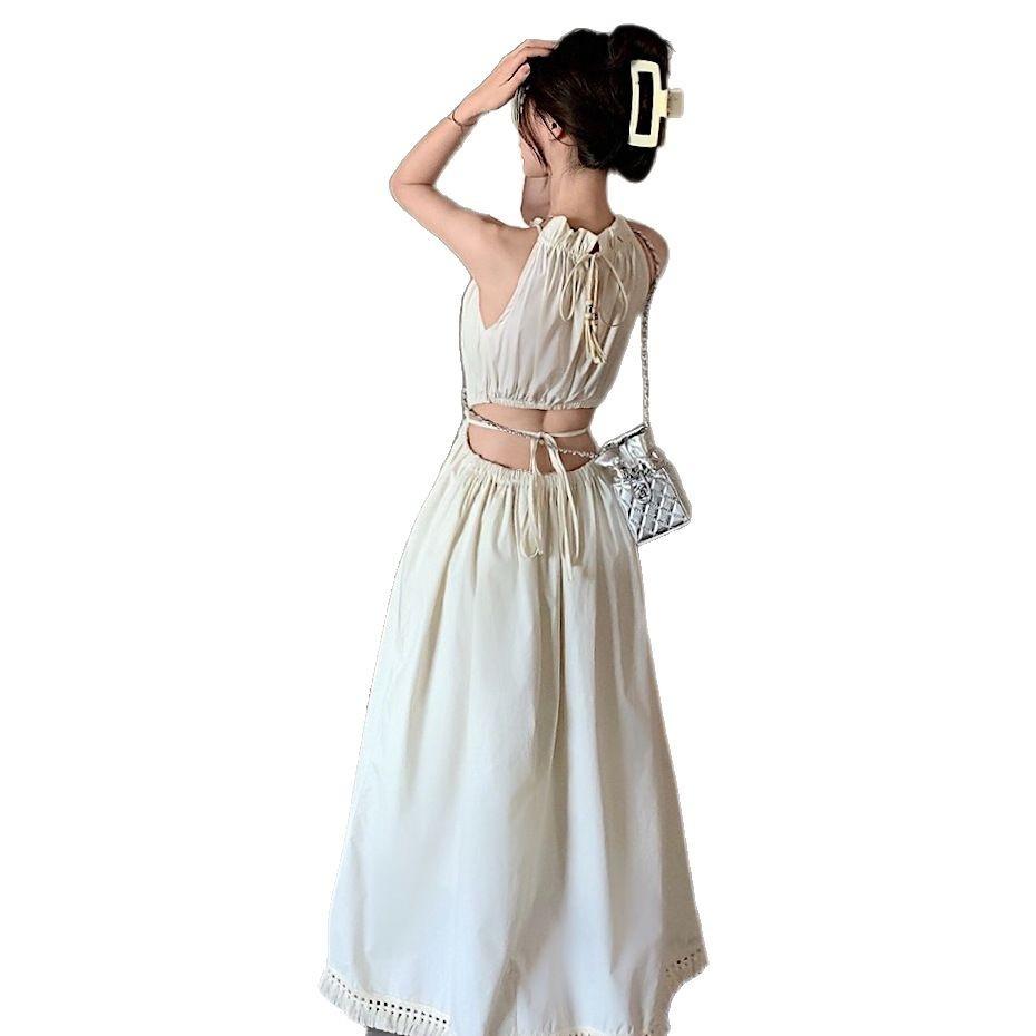 French Temperament Back Hollow Neck Sling Dress Women's Summer Waist Seaside Vacation Wind Sleeveless Beach Dress