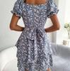 Sommerliches Blumenkleid für Damen Quadratischer Ausschnitt Kurze Ärmel Schnürung Temperament Frühling S-XL
