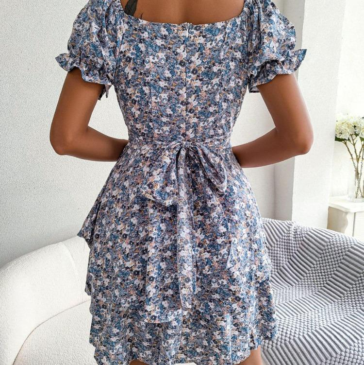Sommerliches Blumenkleid für Damen Quadratischer Ausschnitt Kurze Ärmel Schnürung Temperament Frühling S-XL