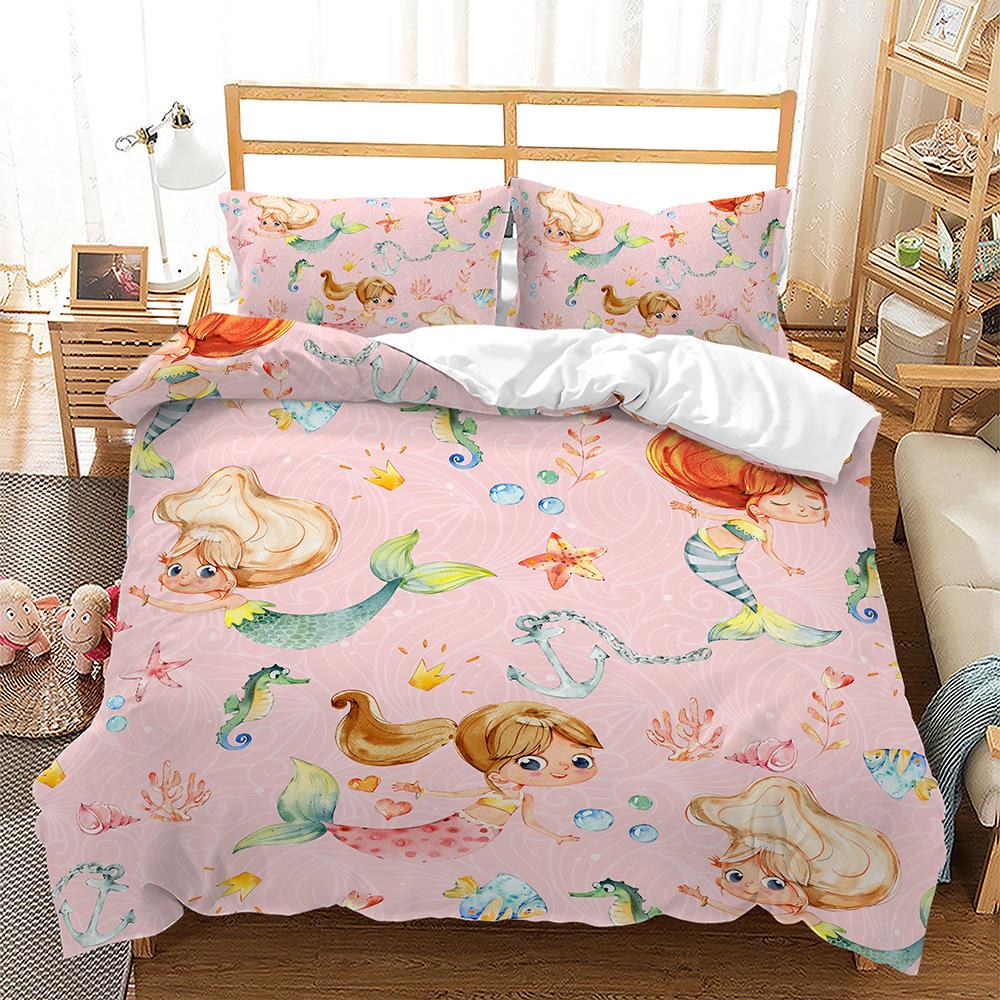 Tier-Thema Bettbezug-Set Quallen Meerjungfrau Cartoon-Muster Kawaii Bettwäscheset King Twin Full Size Polyester Bettdeckenbezug