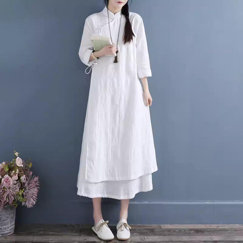 2024 Women's Double Layer Chinese Frog Button Cotton Linen Dress for Spring/Autumn - Retro Zen Tea Ceremony Style