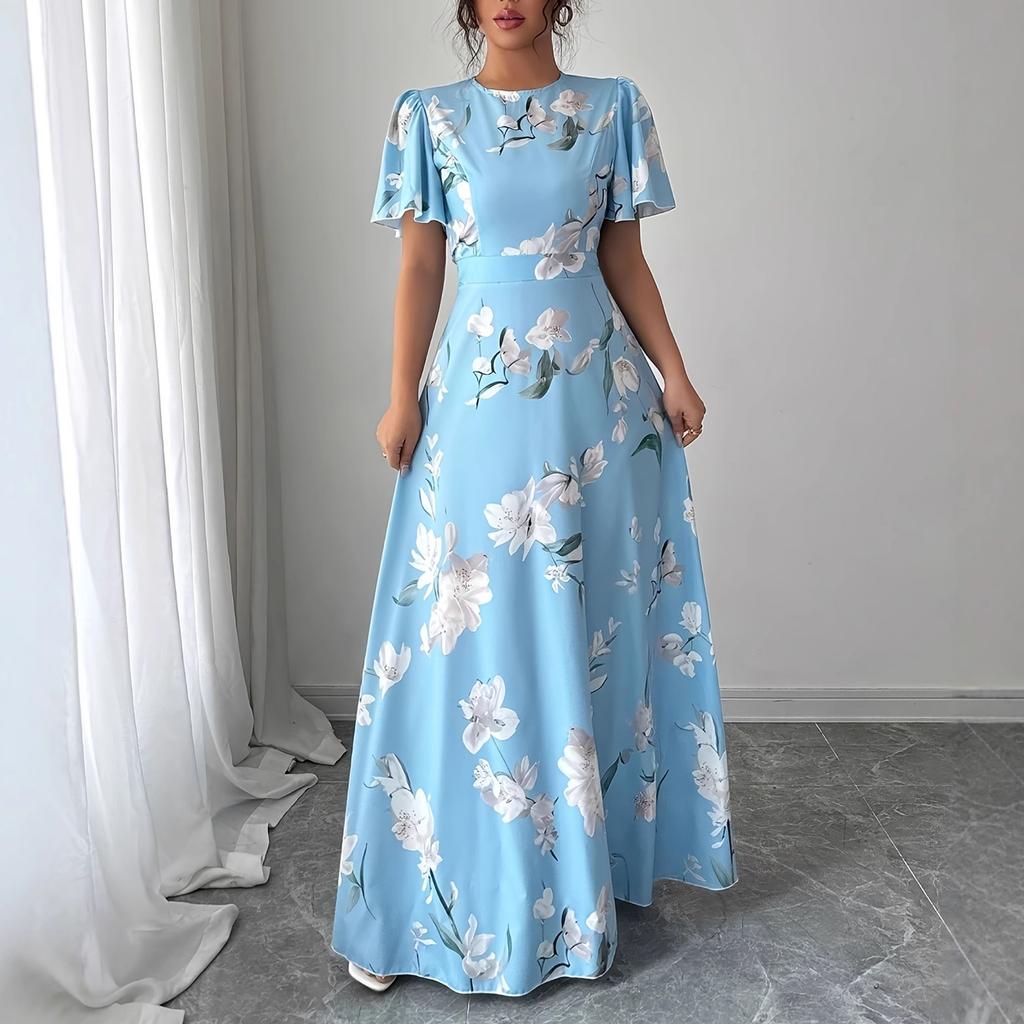 Women's Fashionable Round Neck Short Sleeved Floral Print Waist Cinched Bohemian Dress