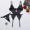 Women Sexy 2 Piece Lingerie Set Black Floral Lace Sheer Mesh Hollow Out Backless Top with Integrated Garter Belt Thong Underwear