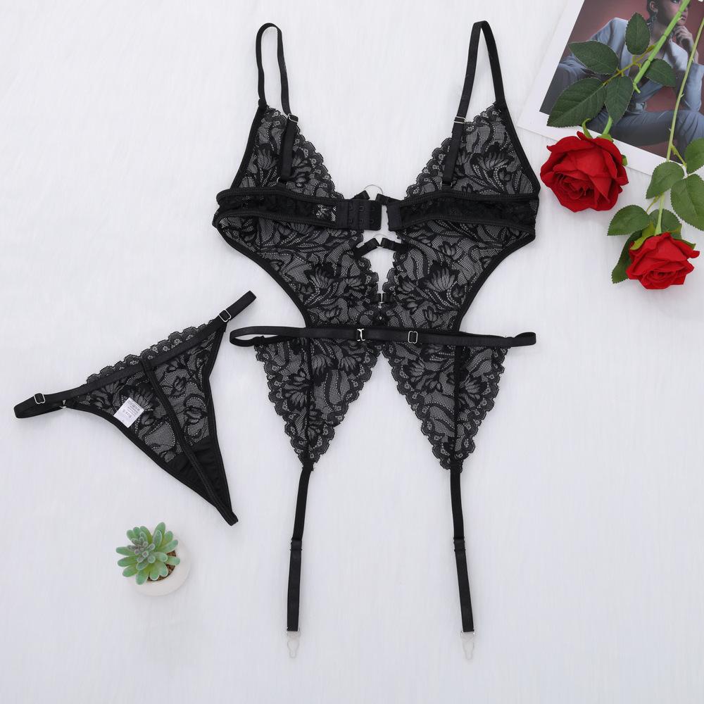 Women Sexy 2 Piece Lingerie Set Black Floral Lace Sheer Mesh Hollow Out Backless Top with Integrated Garter Belt Thong Underwear