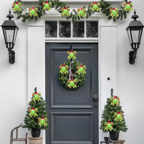 12 Pcs Red Green Dot Christmas Bow Rustic Burlap Bow with Green Furry Hair And Santa Hat for Xmas DIY Crafts Party Decoration