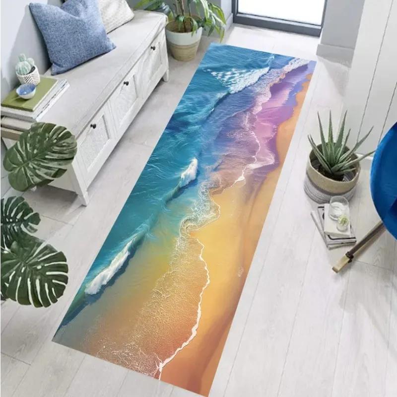 Ocean Wave Pattern Runner Rugs Dreamy Natural Scenery Sea Sand Print Mat Home Non-Slip Water Absorbent Hallway Bedroom Carpet