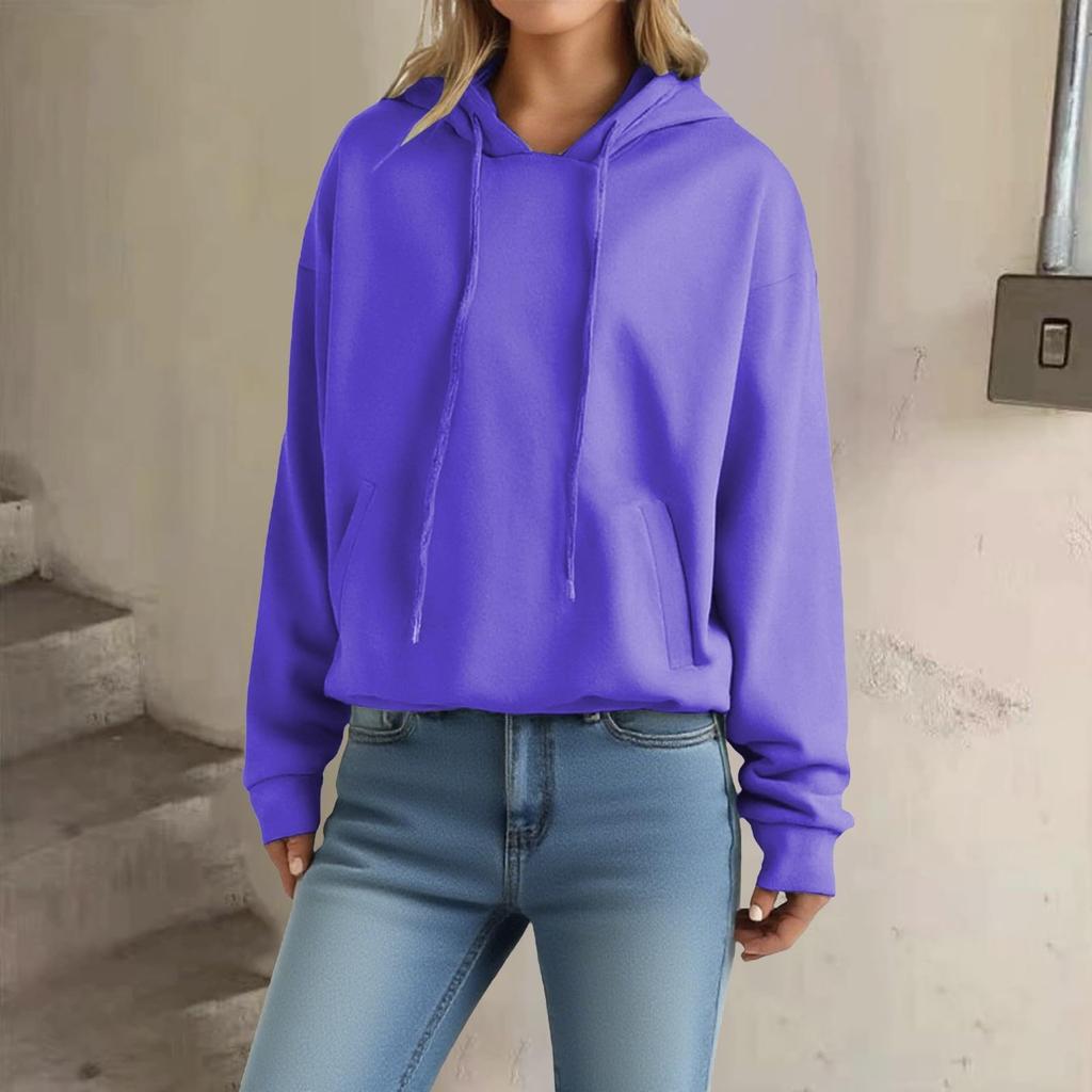 Women's Loose Long Sleeved Pullover With Drawstring And Pocket Hooded Solid Color Hoodie