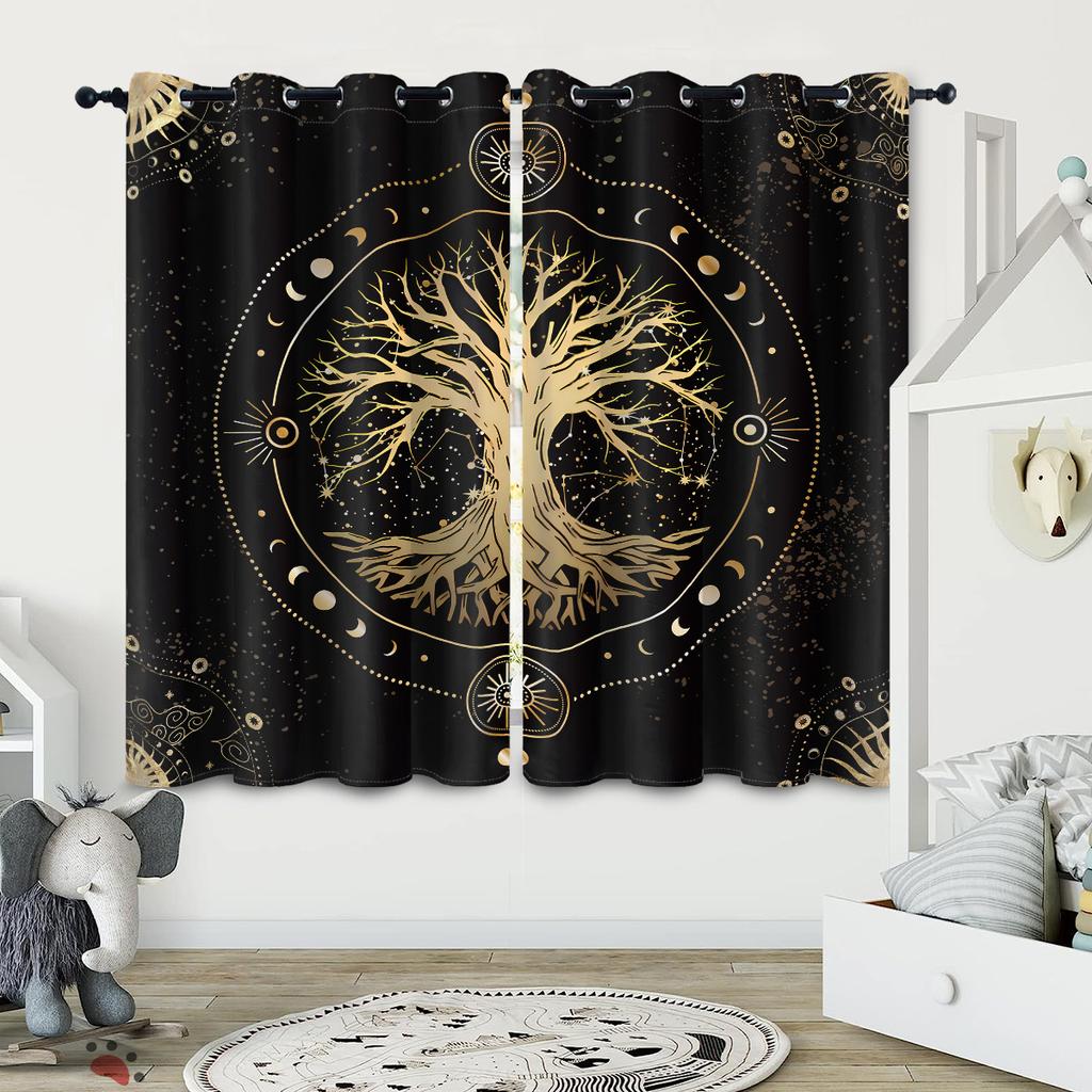 2 Pieces of Tree of Life Pattern Printed Curtains, Decorated In Black Gothic Style for Bedroom and Living Room
