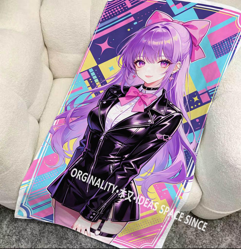 Y2K Purple Anime Girl Beach Towel Patterned Sunscreen And Windproof Suitable For Swimming Pool Camping Travel Blanket