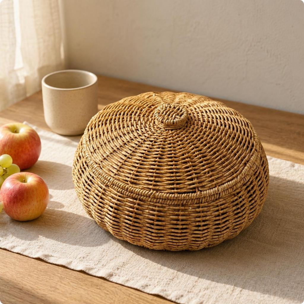 Wicker Basket with Lid Textured Weave Lidded Rattan Basket Multipurpose Rustic Design