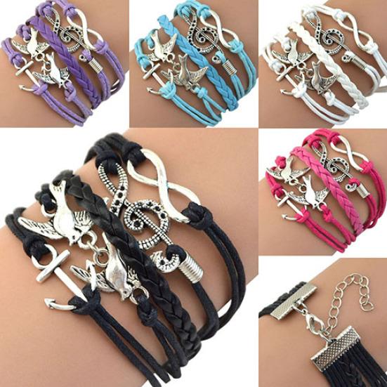 Women Retro  Skull Music Pigeon Faux Leather Charm Bracelet Bangle Cuff