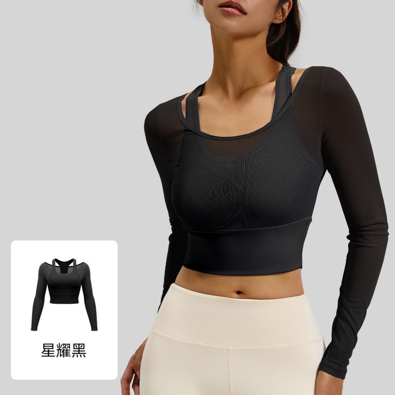 Womens Long Sleeve Mesh Overlay Workout Top With Built-in Bra Support Slim Fit Yoga Sports Tee Pilates Training