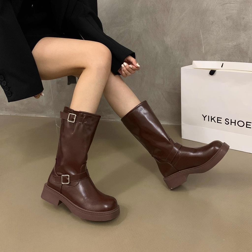Brown Martin Boots Women's New Autumn and Winter Single Boots Thick-soled Medium Tube Tooling Short Boots Retro Spring