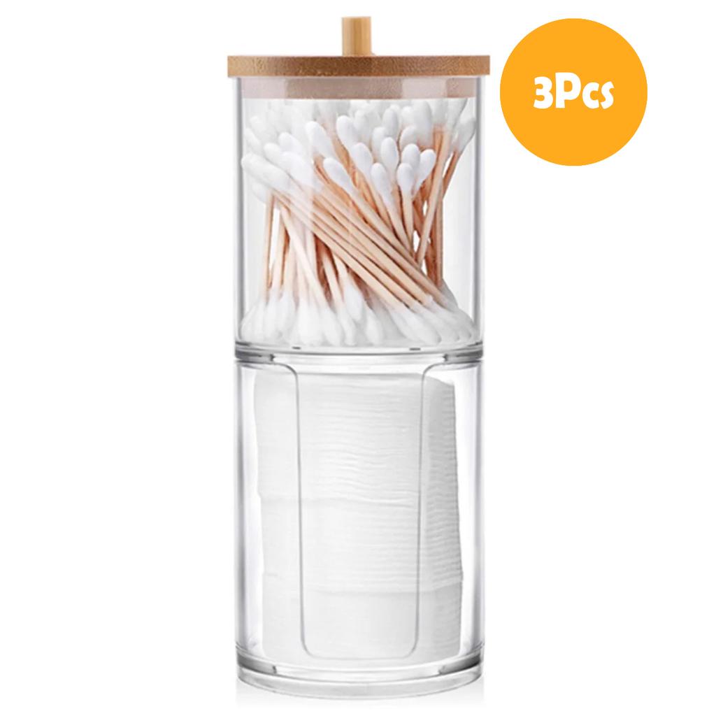 Bathroom Acrylic Storage Box Jar Makeup Organizer Cotton Round Pad Holder Cotton Swab Box Qtip Holder Dispenser with Bamboo Lid