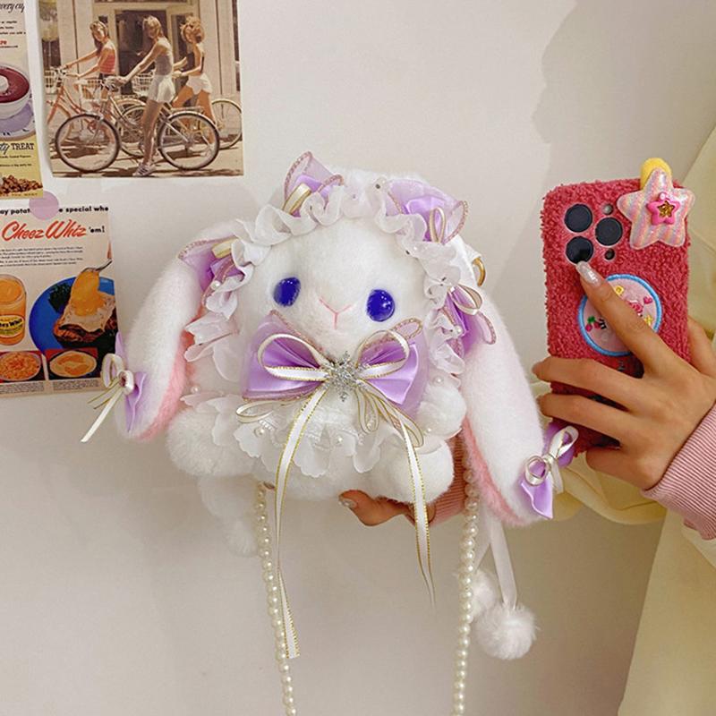 New Cute Bunny Plush Bag Lolita Element Shoulder Bag Kawaii Princess Sweet Pearl Chain Crossbody Bags Long-Eared Rabbit Purse