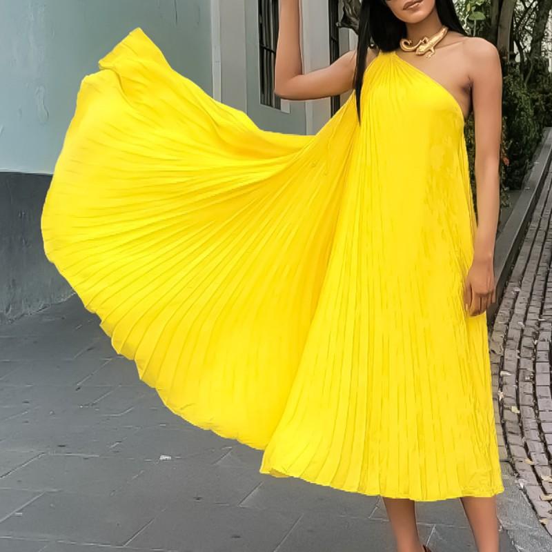 

Elegant Pure Color Pleated Sleeveless Oblique Collar Large Skirt Dress S жёлтый