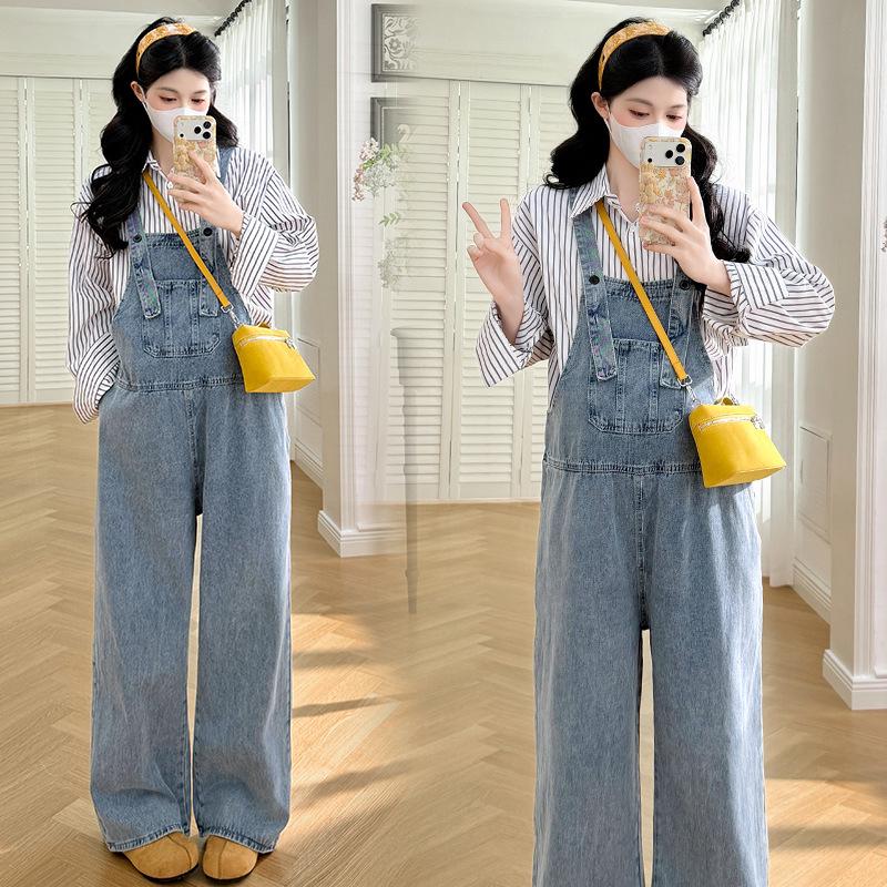 Spring Loose-Fit Slimming Maternity Overalls & Striped Shirt Set M