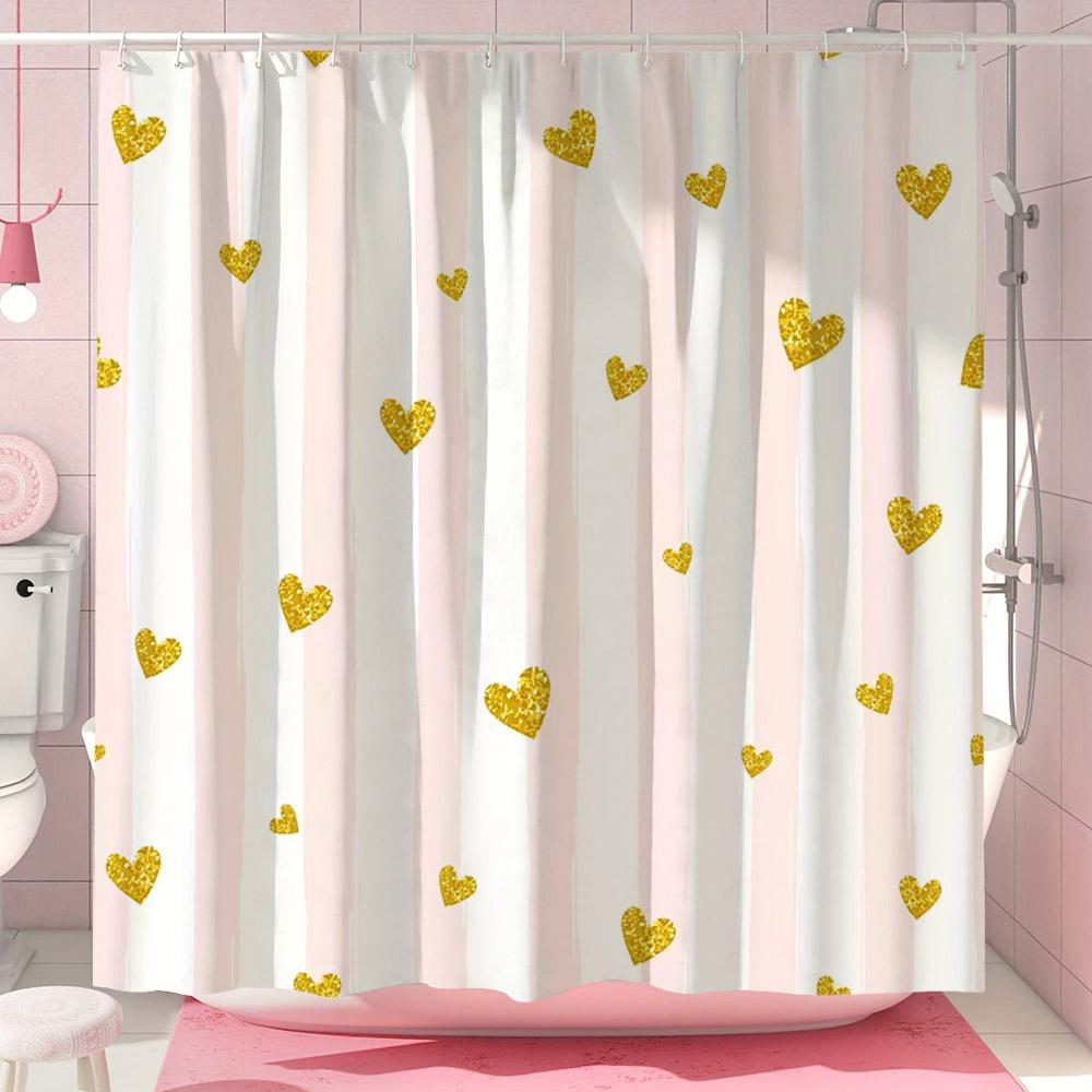 Cute Pink Bow Shower Curtain Simple European Lace Stripe Minimalist Modern Polyester Shower Curtains Bathroom Decor with Hooks