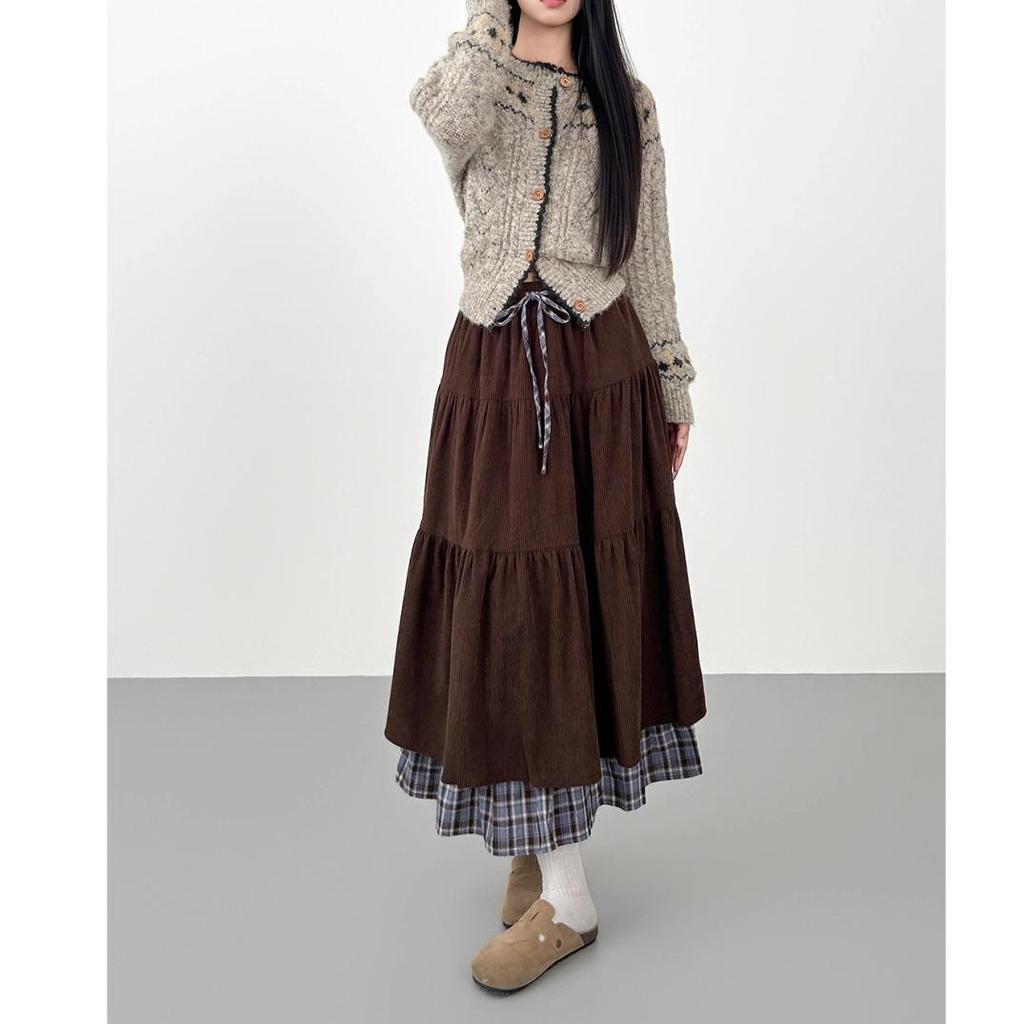 Coffee Corduroy Layered Long Skirt for Plus Size Women - Japanese Style Plaid