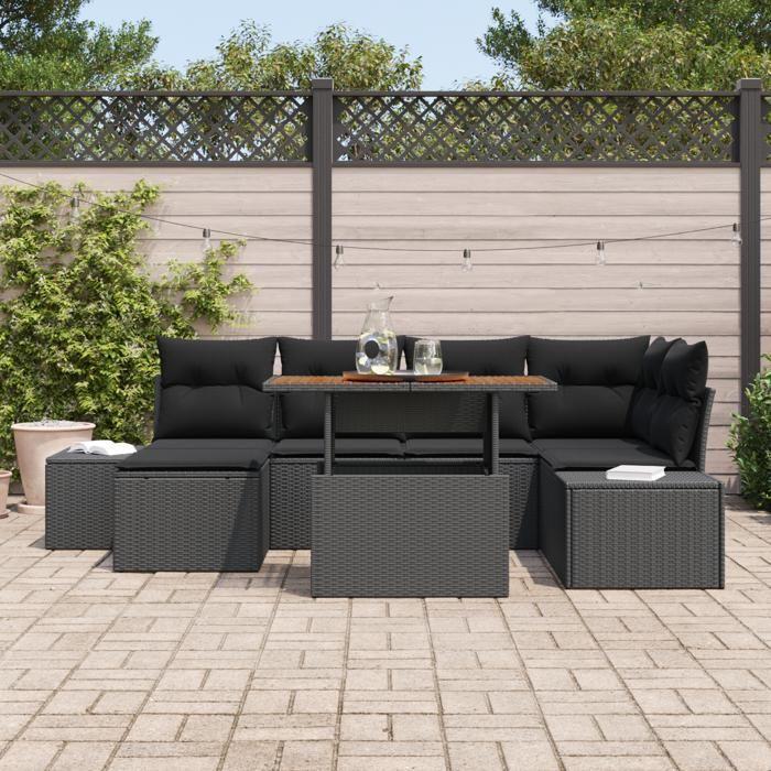 VidaXL Ensemble de Canapé de Jardin 7 Pièces avec Coussins en Poly Rattan Noir 3358725