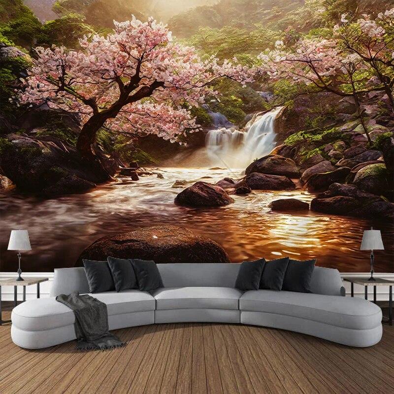 

Мечта лесной водопад текущая вода хижина пейзаж гобелен комната искусство украшения фон ткань занавеска украшение дома 100x75cm