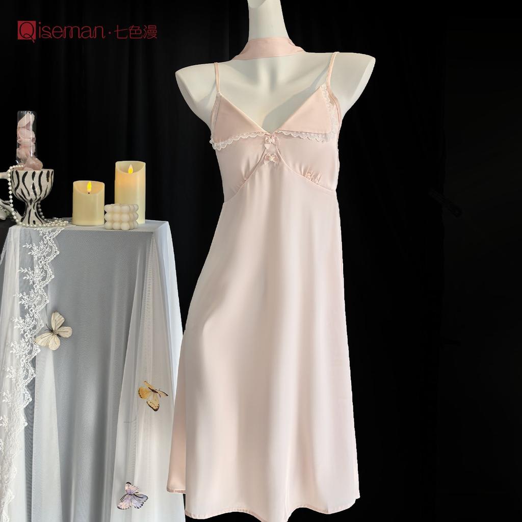 Ice Silk Suspender Nightdress Women's Summer Sexy Pure Lust Girl Loungewear Suit with Chest Pad Silk Pajamas Spring and Summer
