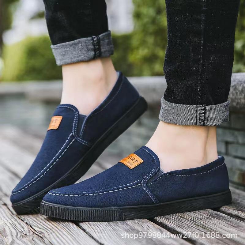 

2025 летняя корейская версия мужской обуви, дышащая спортивная и повседневная обувь, универсальная парусиновая обувь с одной педалью, рабочая обувь для мужчин 38 темно-синий