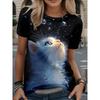 Women's round-neck T-shirt with a cat pattern print