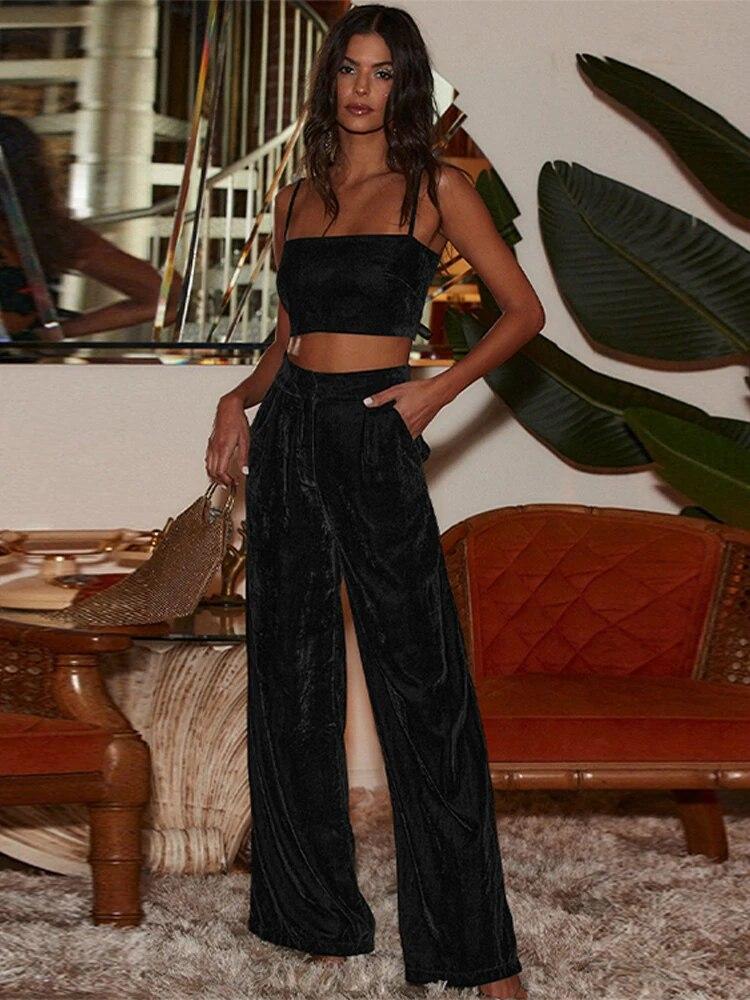 Women's Wide Leg Velvet Long Trousers New Summer Empire Elastic Waist Casual Solid Bottoms Office Lady Vintage Pocket Full Pant