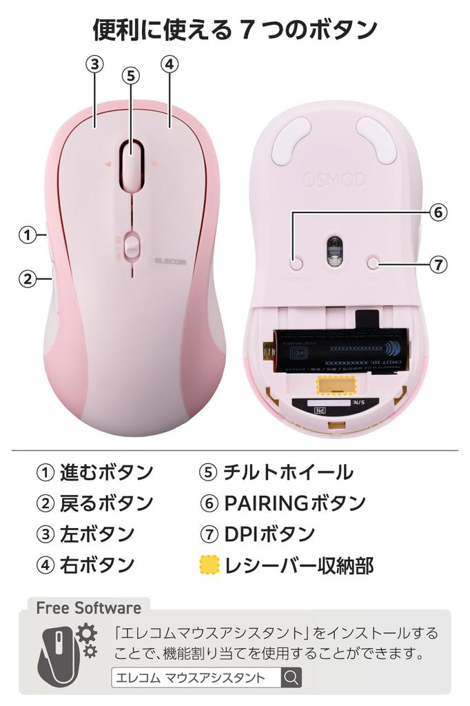 ELECOM OSMOD Seven 7 Wireless to 2 7 Tilt Mouse, Quiet, Bluetooth, 2.4GHz, Multi-Pairing (up Devices), Buttons, Wheel, Large, Pink, M-MY40MBSPN-G