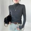 Women's H393 High Neck Warm Slimming Long Sleeve Top - Autumn/Winter Solid Color Versatile Mid-Neck Base Layer Shirt.
