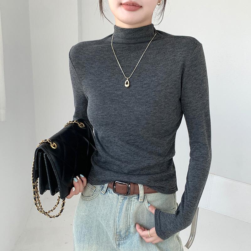 Women's H393 High Neck Warm Slimming Long Sleeve Top - Autumn/Winter Solid Color Versatile Mid-Neck Base Layer Shirt.