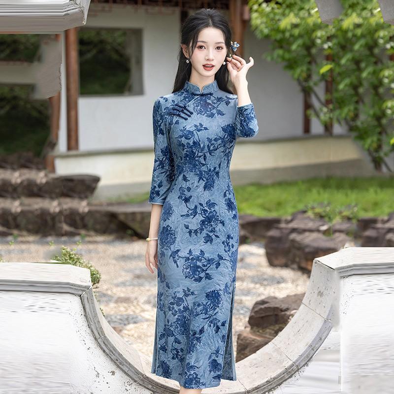Womens Modern Chinese Style Long Sleeve Cheongsam Dress Vintage Slim Fit Wear Small