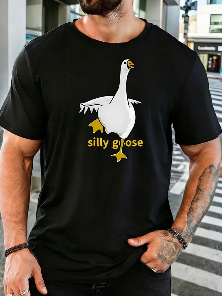 Cartoon Standing Goose Silhouette Slogan Print Unisexs Breathable Cotton Round Neck Short Sleeve Humor Casual Daily Street Top