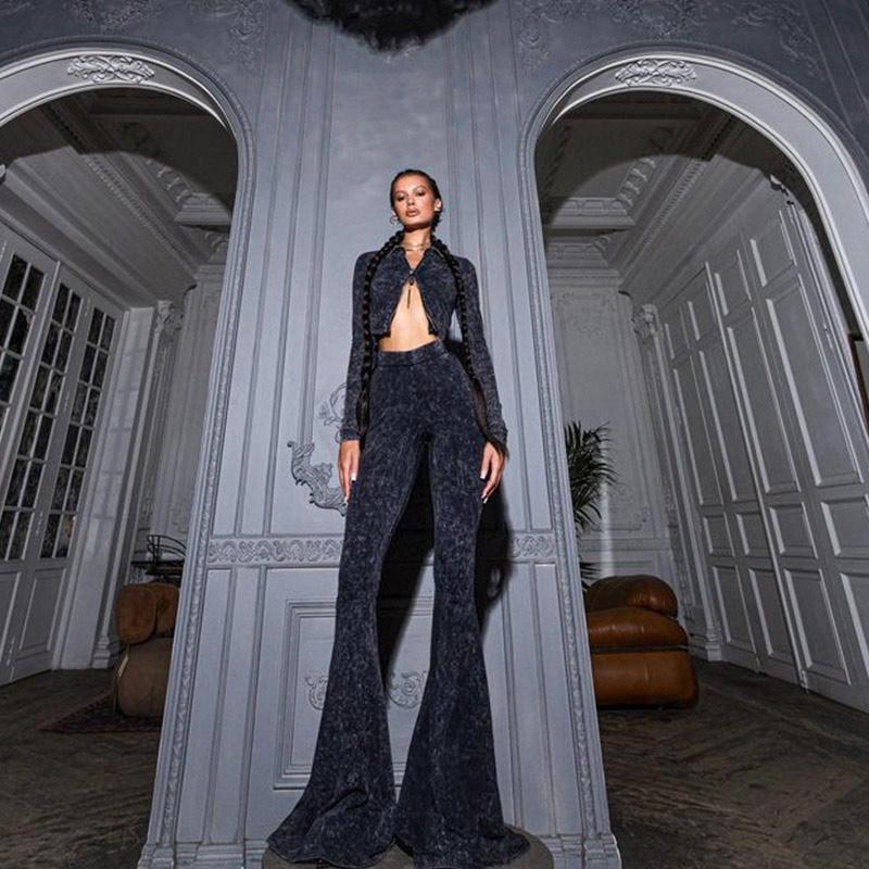 Modischer, sexy, kurzer Reißverschluss, Oberteil mit hoher Taille, bauchbetonender Hose, Schlaghose, passendes Set für Damen