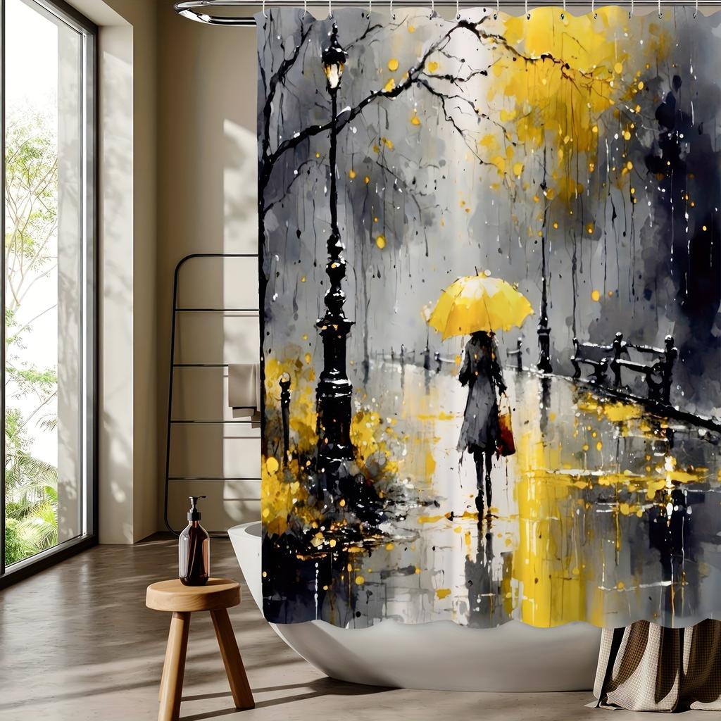 Charming Rainy Day Print Waterproof Shower Curtain For Bathroom, Yellow Umbrella Design High-End Toilet Partition Curtain