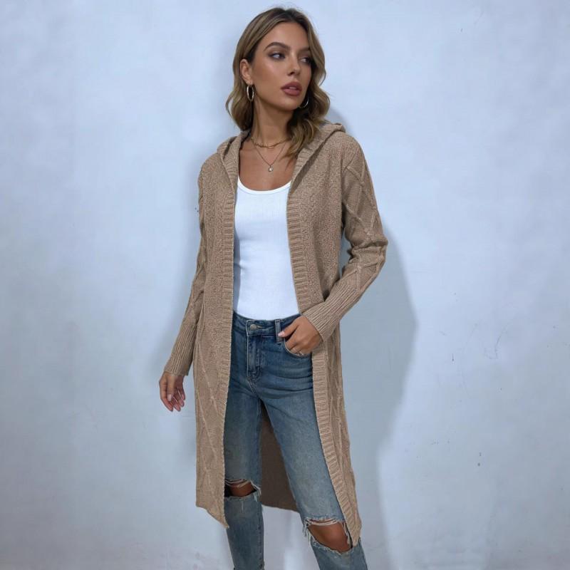 Womens Oversized Crochet Cable Knit Hooded Cardigan Long Sleeve Loose Fit Sweater In Solid Colors