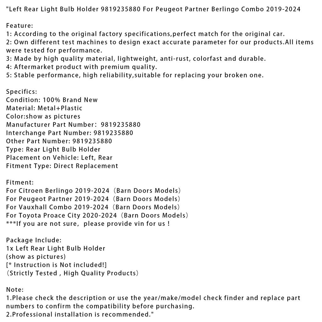 Left Rear Light Bulb Holder For Peugeot Partner Berlingo Combo 2019-2024